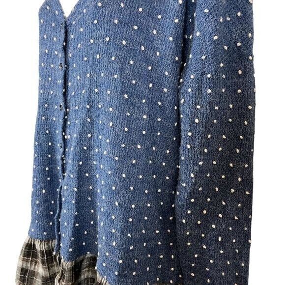 Oddy Womens Blue Swiss Raised Dot Womens Cardigan Sweater Plaid Ruffle V-Neck M - Picture 9 of 16